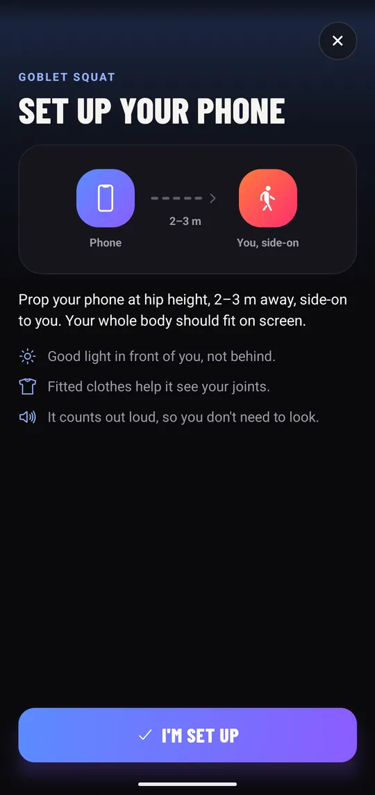 Camera coach setup: phone 2 to 3 metres away, side-on